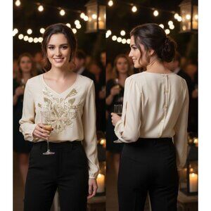 BKE Boutique Womens Embellished Cream Blouse With Button Back & V-Neck Size M Po